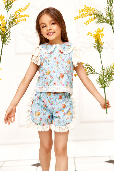 Blue botanical flowers Liberty print cotton set with cotton lace frills