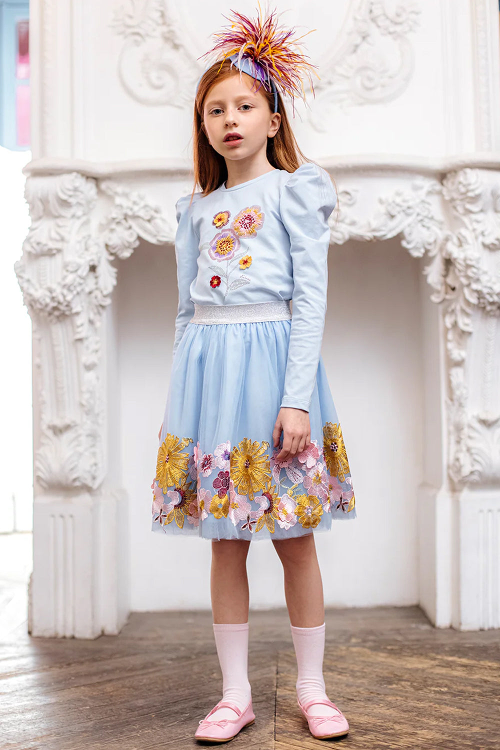 Blue embroidered floral tulle lace skirt with 3D flowers and silver elastic waistband