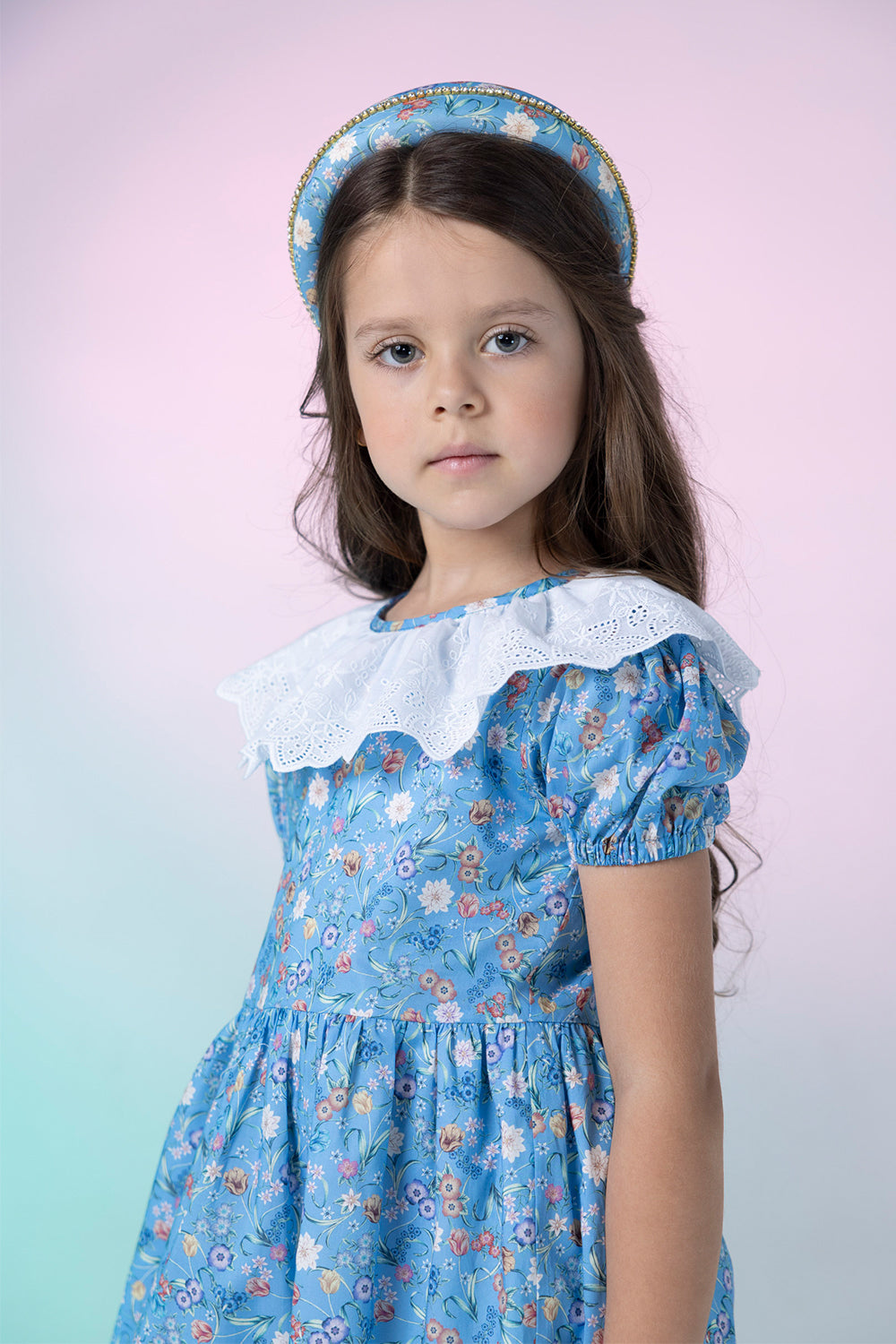 Blue frilled floral Liberty print cotton dress with embroidered cotton collar