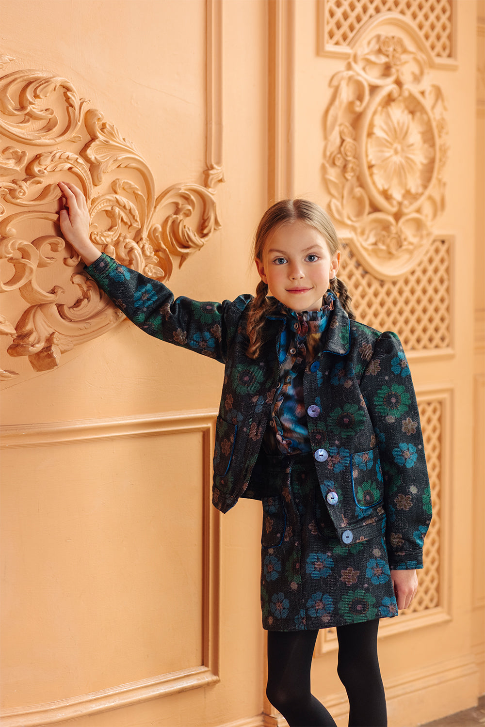 Blue, green and beige flowers cotton denim jacket with puffed sleeves and branded mother of pearl blue buttons