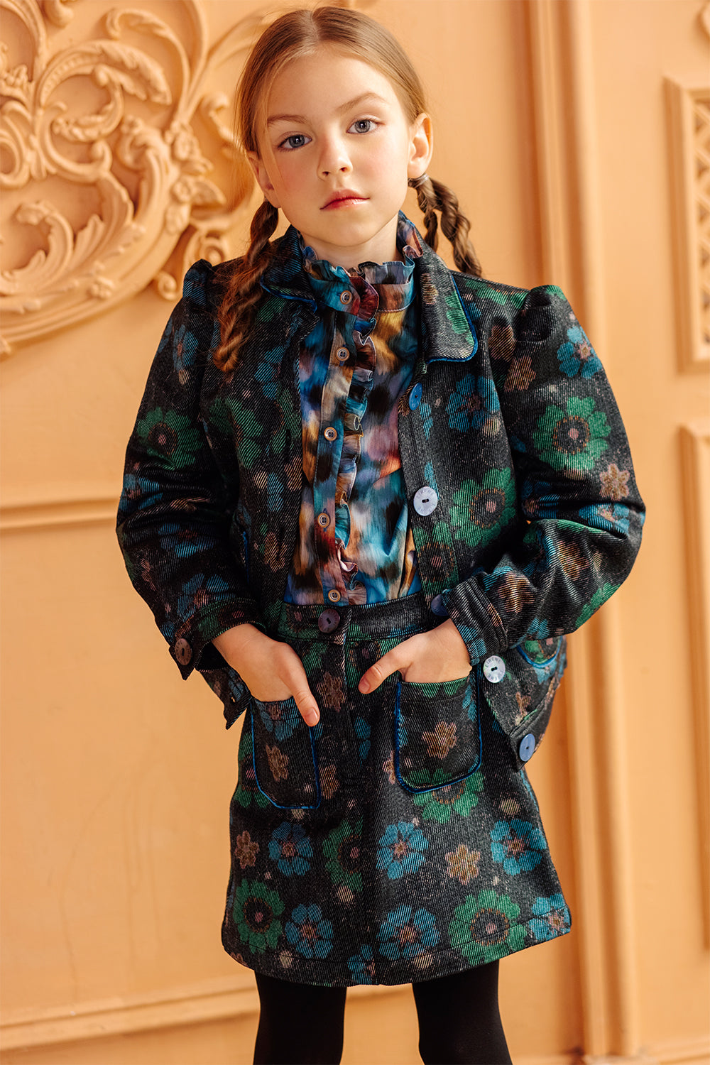 Blue, green and beige flowers cotton denim jacket with puffed sleeves and branded mother of pearl blue buttons