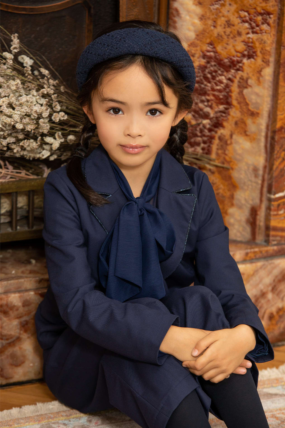 Blue poly-viscose suit blazer with blue lurex piping and branded mother of pearl buttons