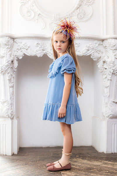 Blue silk blend velvet dress with frills and dotted tulle front