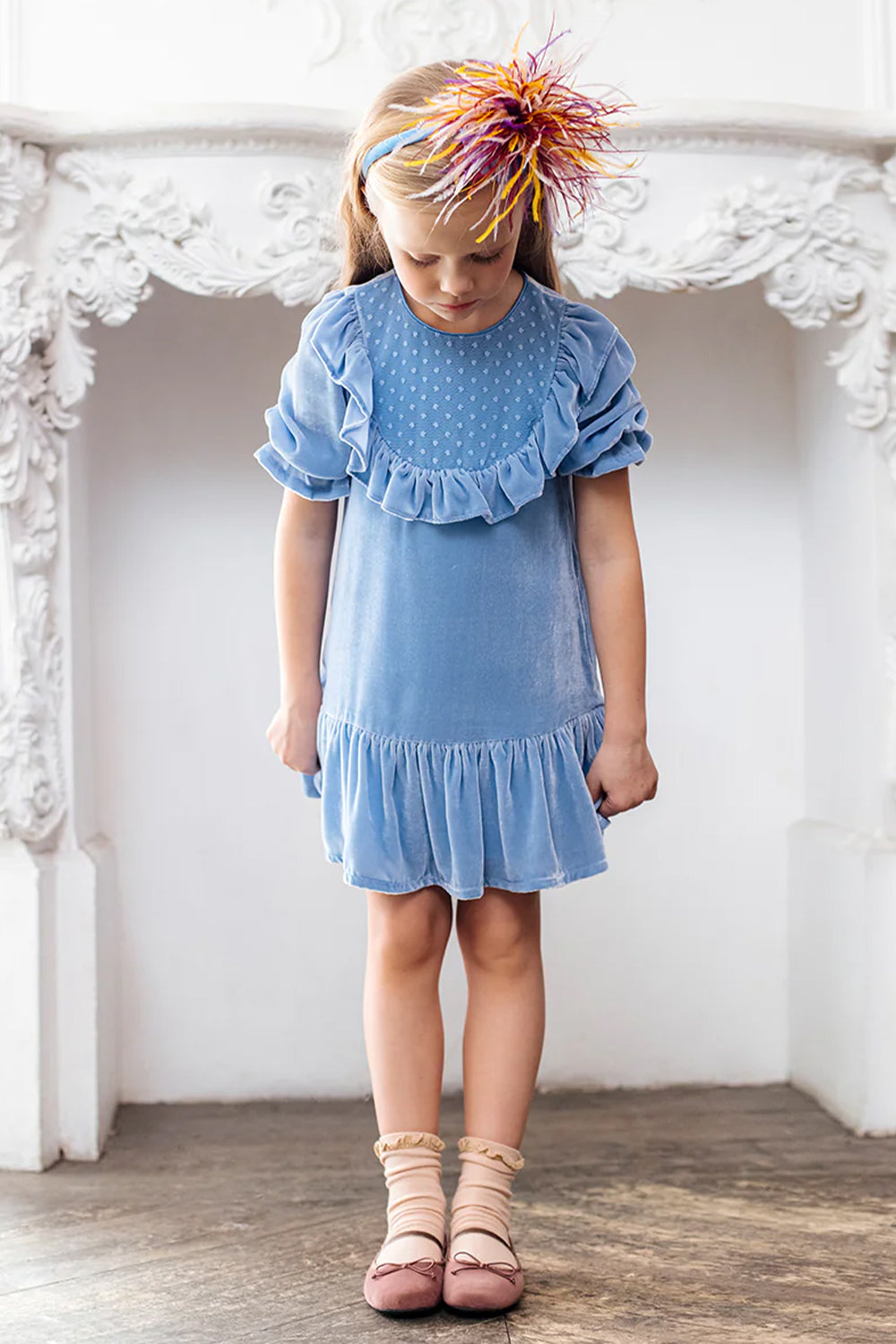 Blue silk blend velvet dress with frills and dotted tulle front