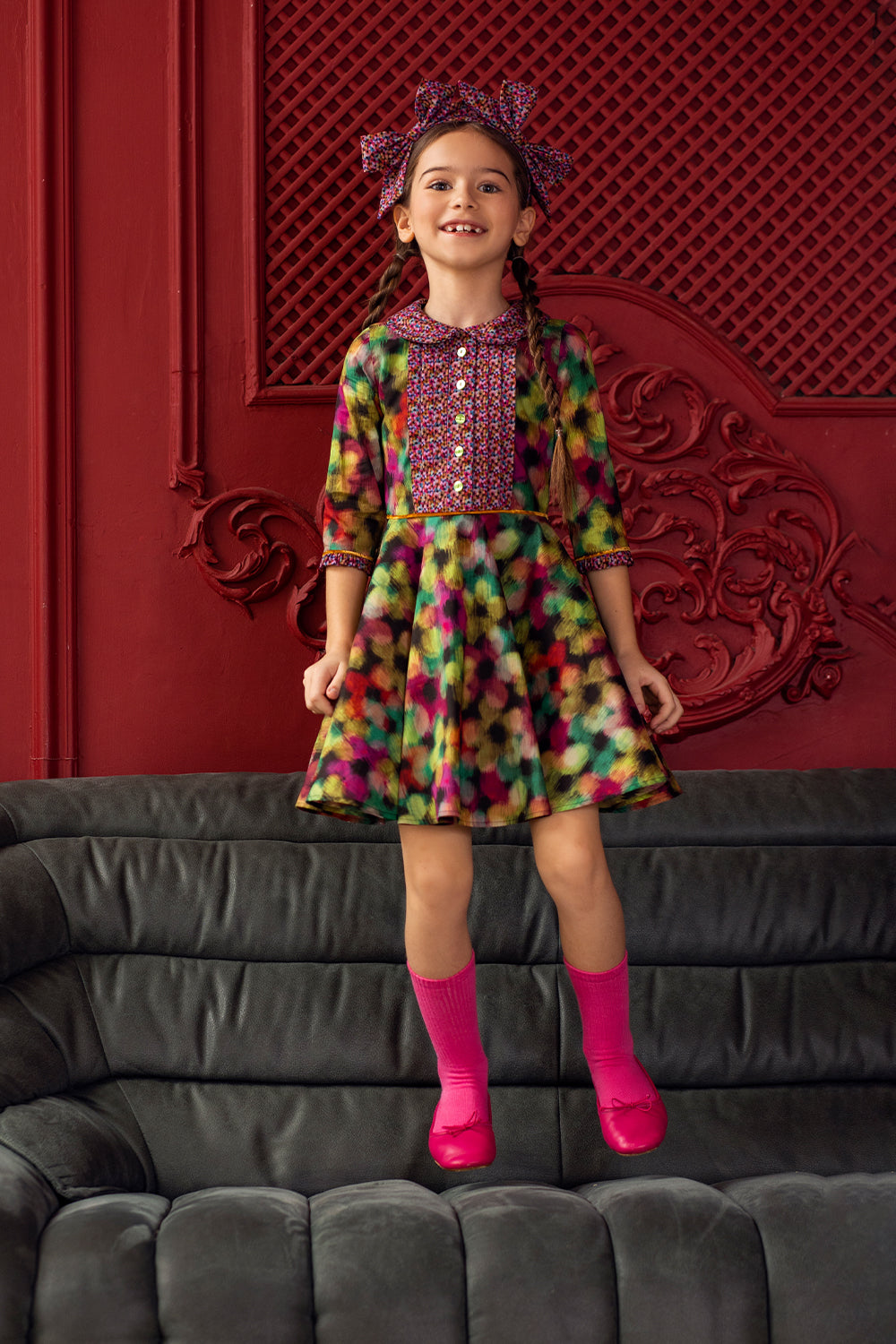 Blurred fuchsia, orange and green flowers cotton Liberty Tana Lawn dress with collar and green buttons