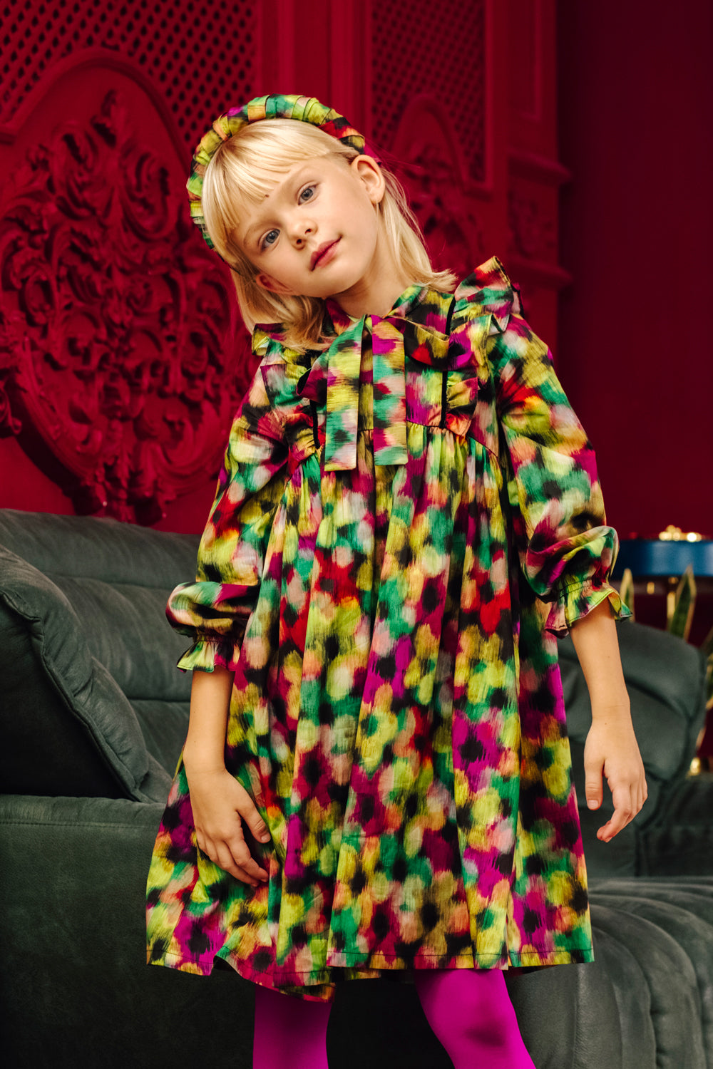 Blurred fuchsia, orange and green flowers cotton Liberty Tana Lawn dress with frills and back bow