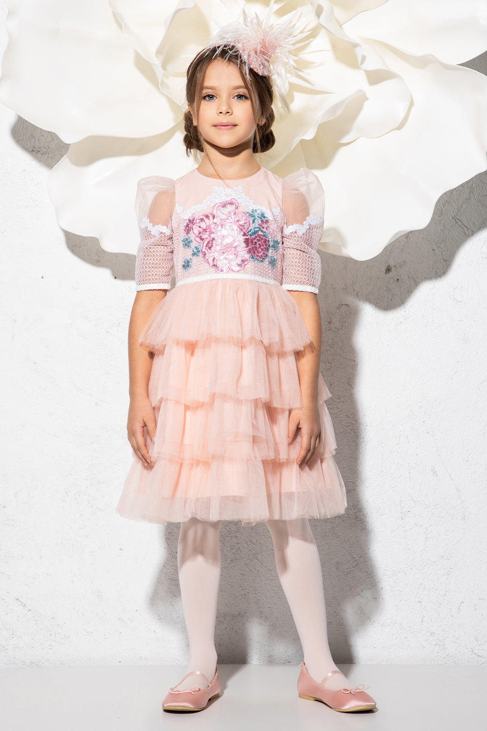 Blush peach pink dress with floral embroidery and layered skirt