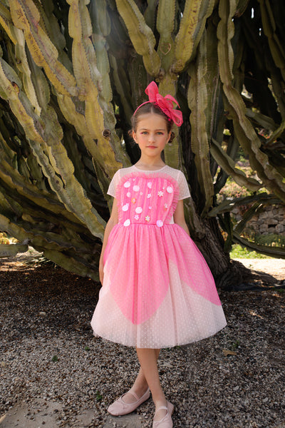 Blush and bright pink dotted tulle dress with sequin hand-embellishments