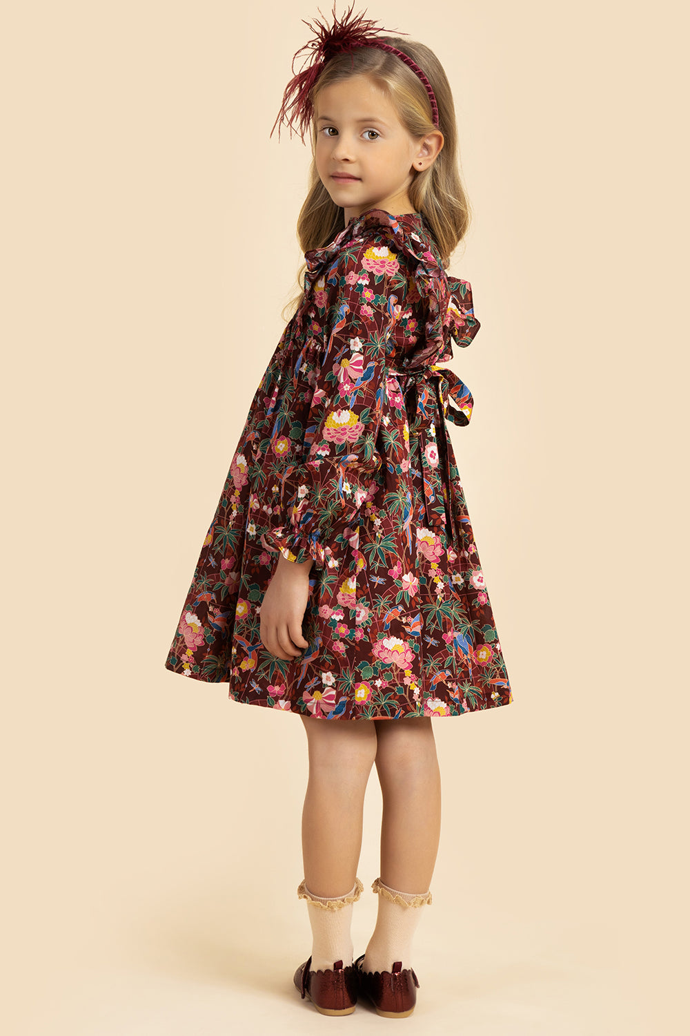 Burgundy flowers and parrots Liberty print cotton smocked dress with bow