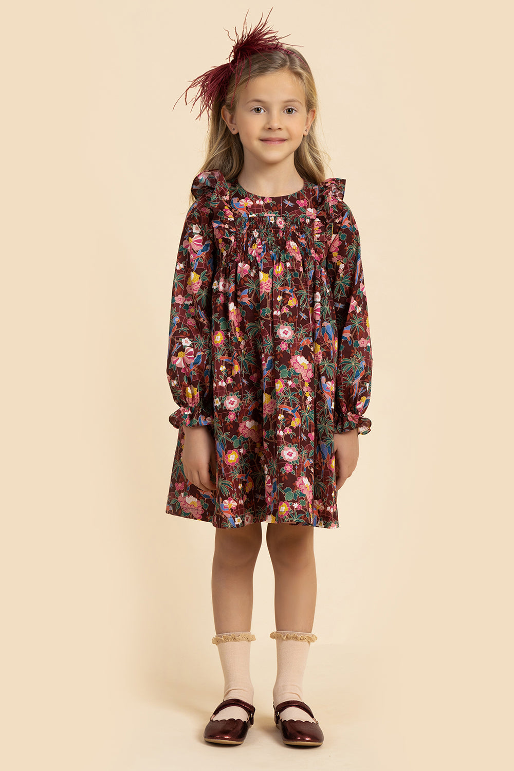 Burgundy flowers and parrots Liberty print cotton smocked dress with bow