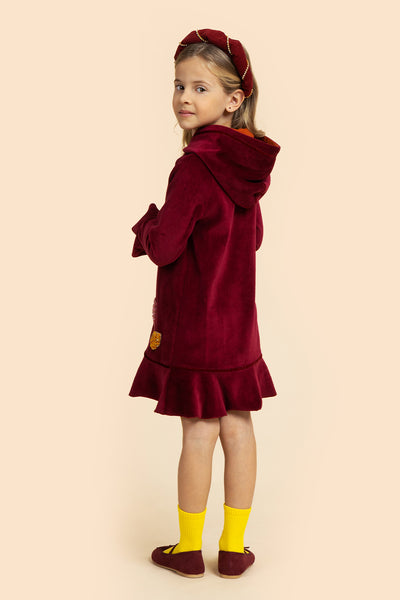 Burgundy velvet cotton dress with hood and handmade embroidery of flowers