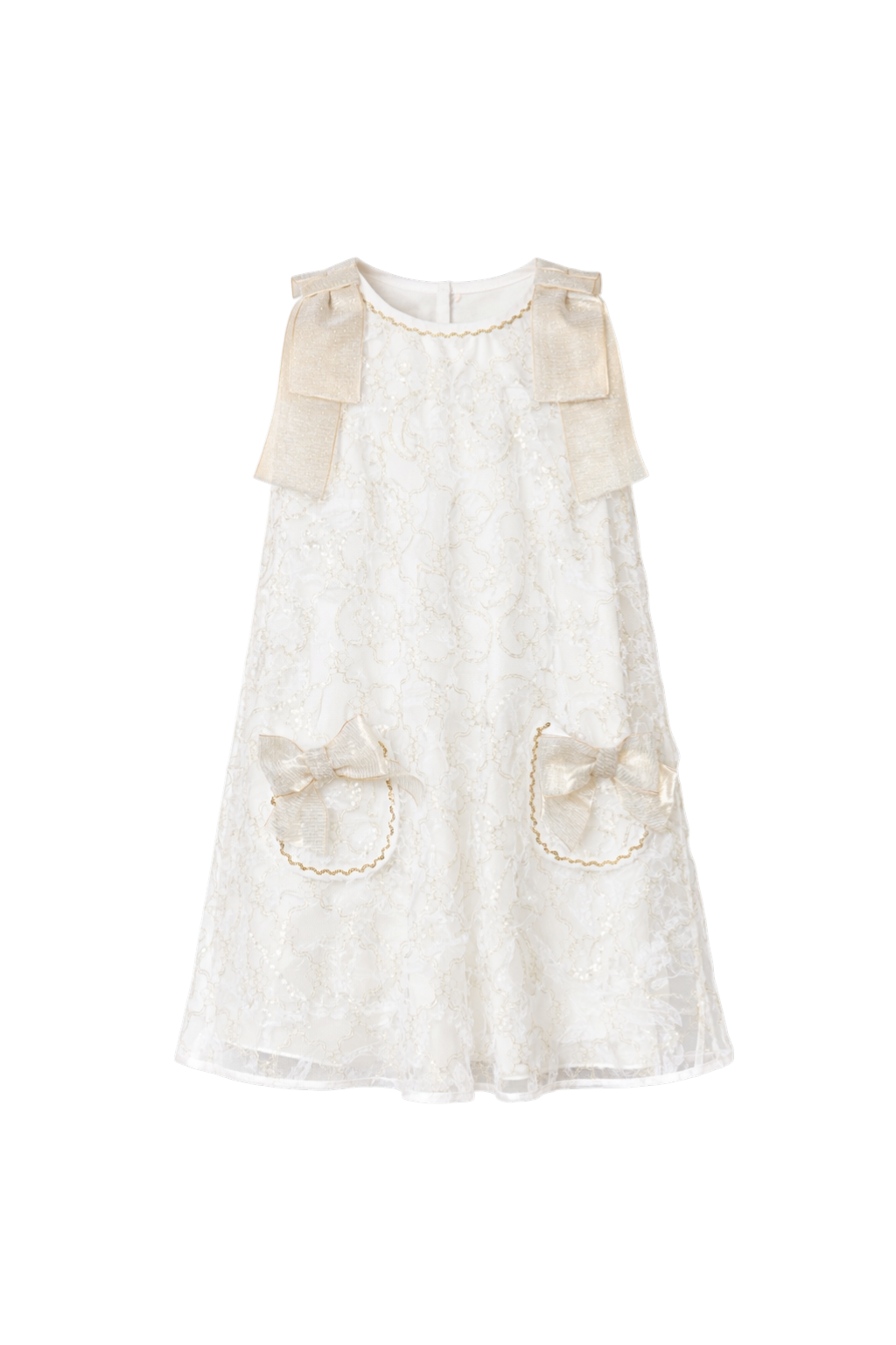 فستان دانتيل عاجي اللون بقصة حرف A مزين بفيونكات ذهبية على الكتفين وفيونكات على الجيوب