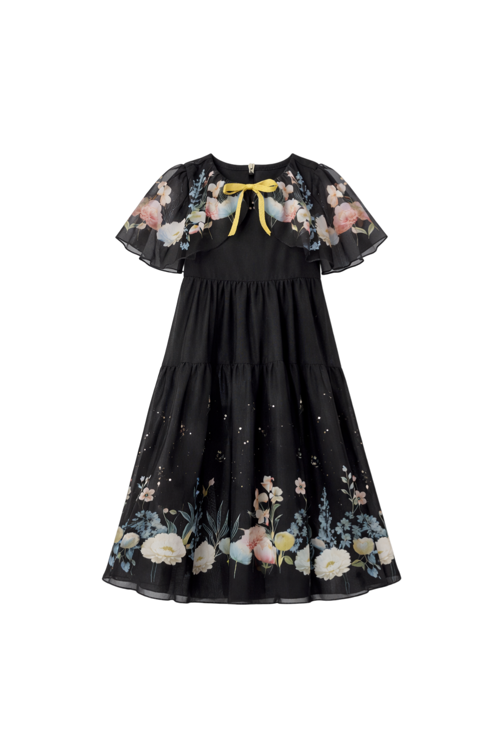 Black chiffon dress with floral cape and yellow bow detail