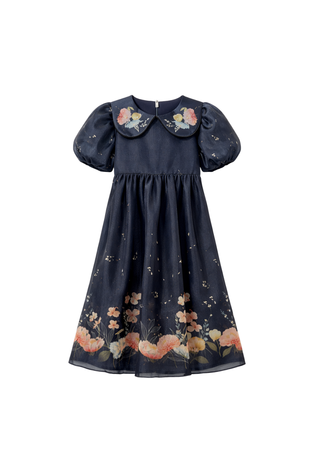 Midnight floral dress with short puffed sleeves and hand-embelished collar