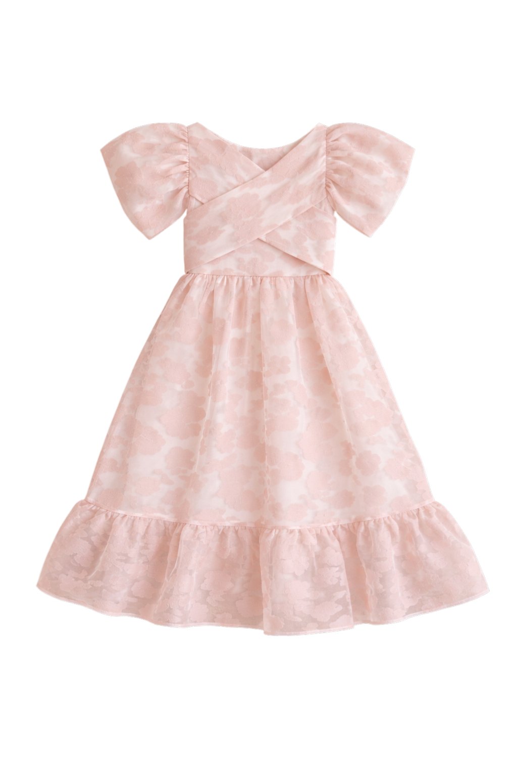 Long blush pink organza dress with puff sleeves and texture