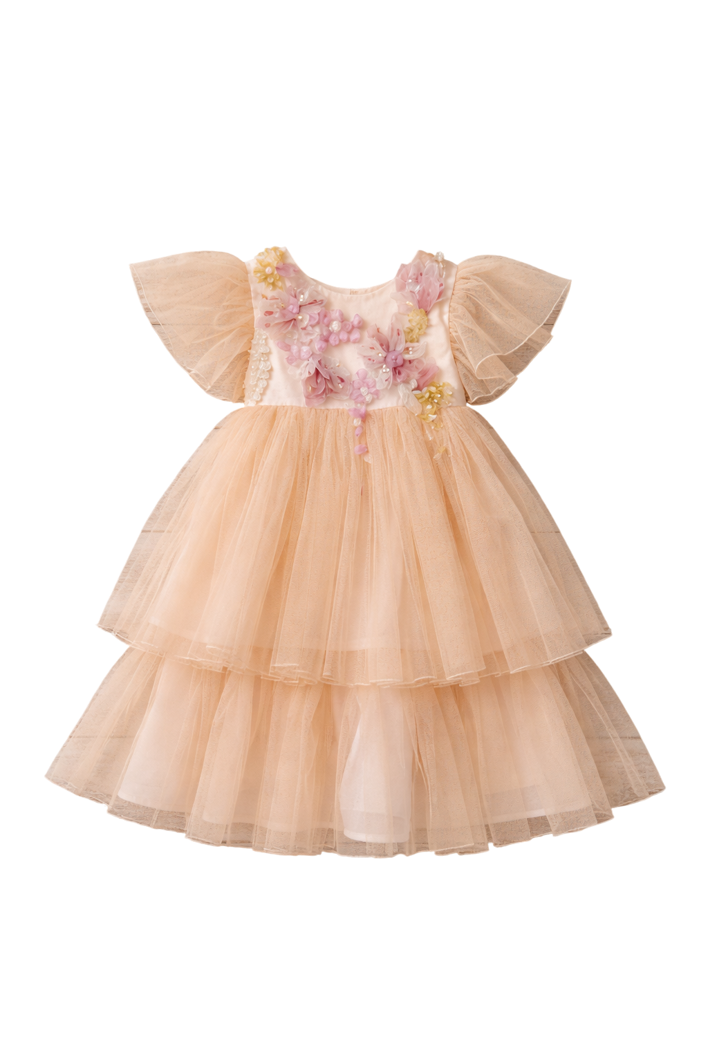 Peach tulle dress with flutter sleeves and hand-embellished 3D flowers