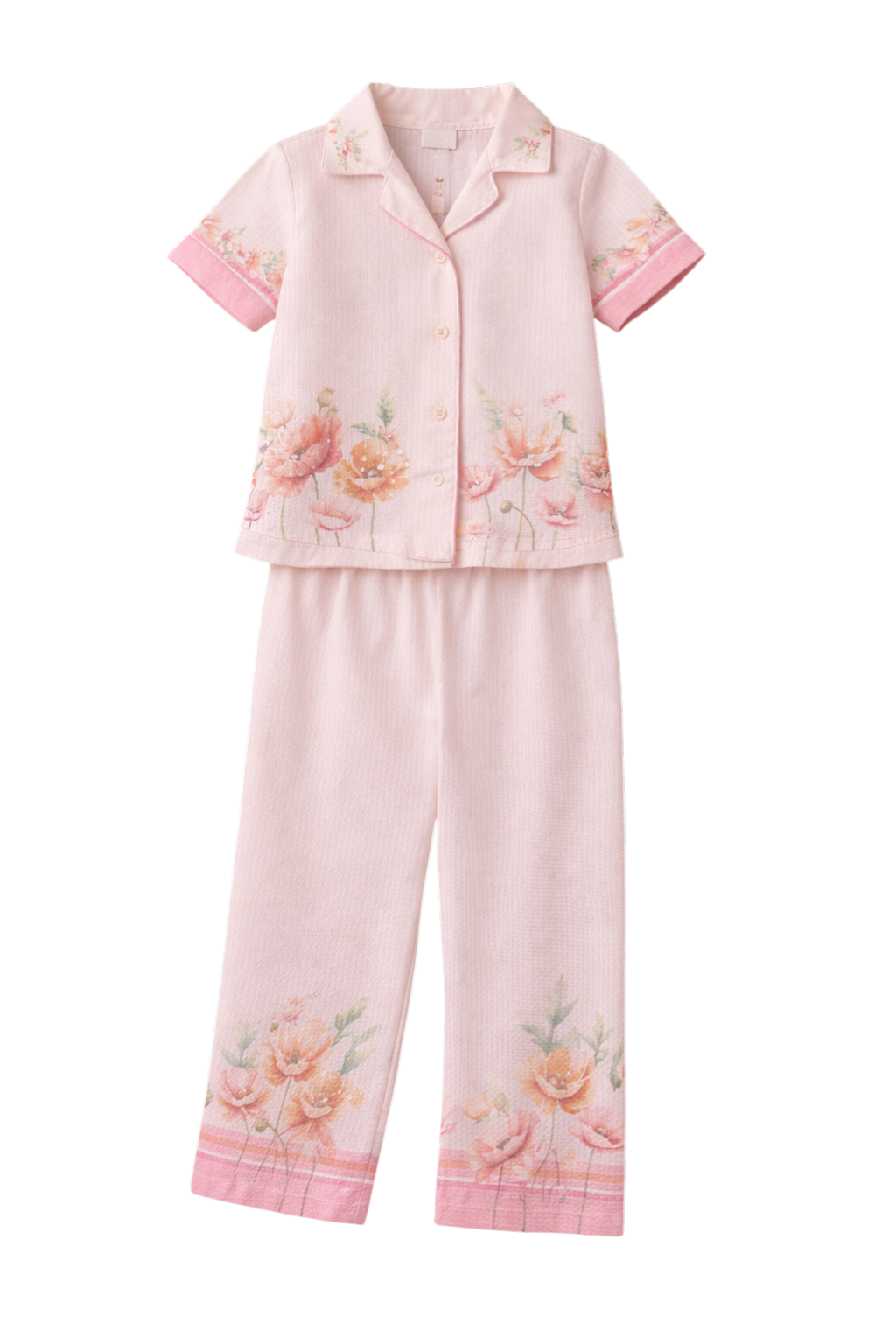 Soft pink striped set featuring a short-sleeve button-up shirt and matching pants with floral print and hand-embellished front