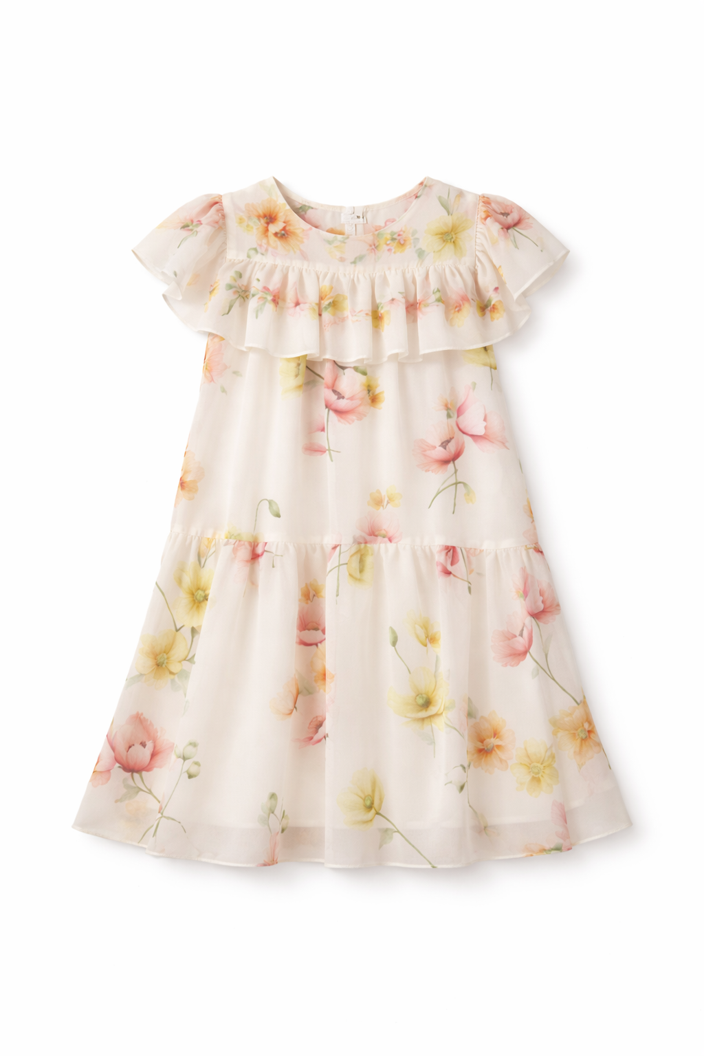 Chiffon ivory dress with soft floral print and flutter sleeves and hand-embellished neckline