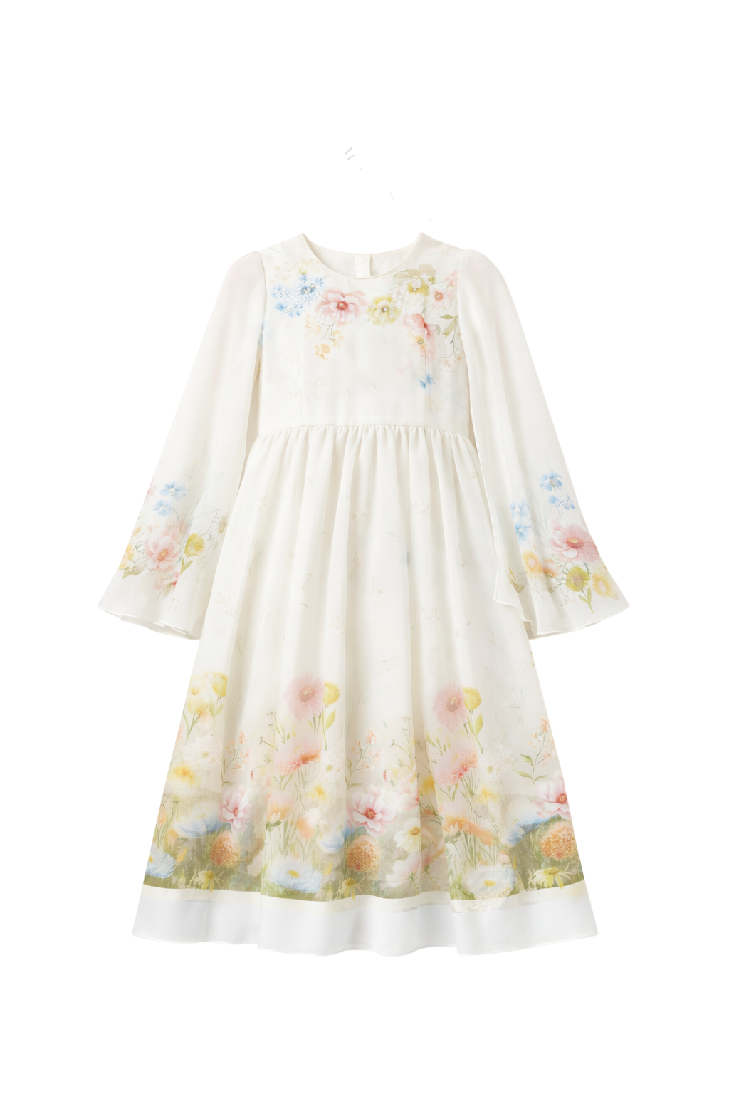White chiffon dress with floral print, flowing sleeves and delicate hand-embelishement