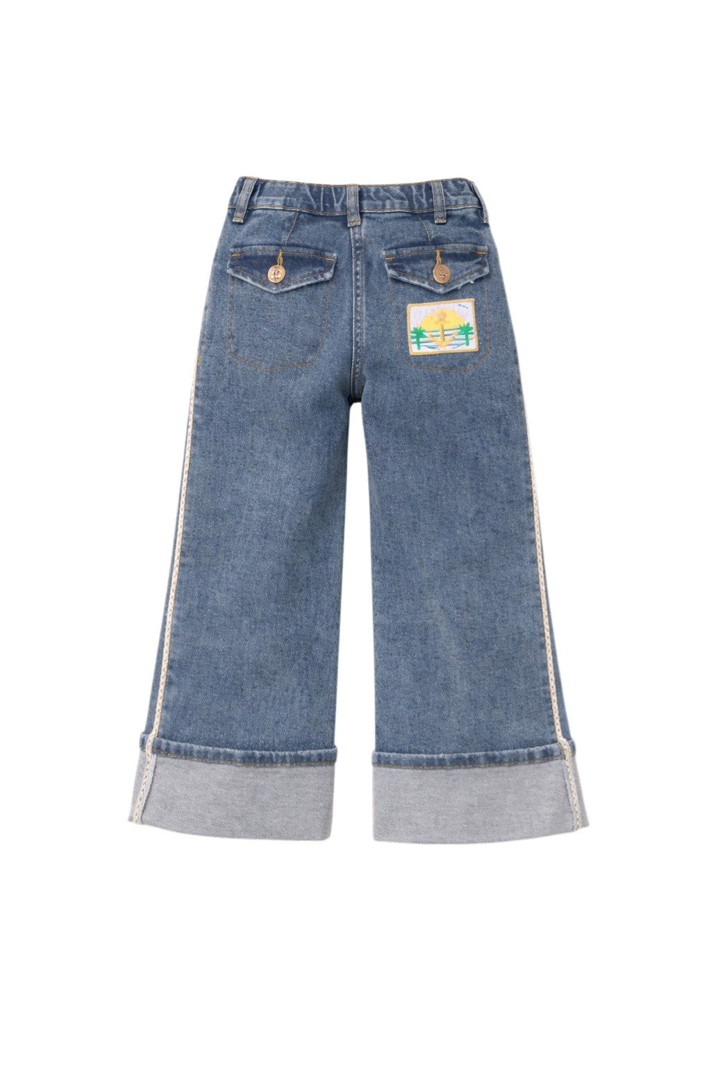 Wide-leg denim jeans with turned-up cuffs, side rope details