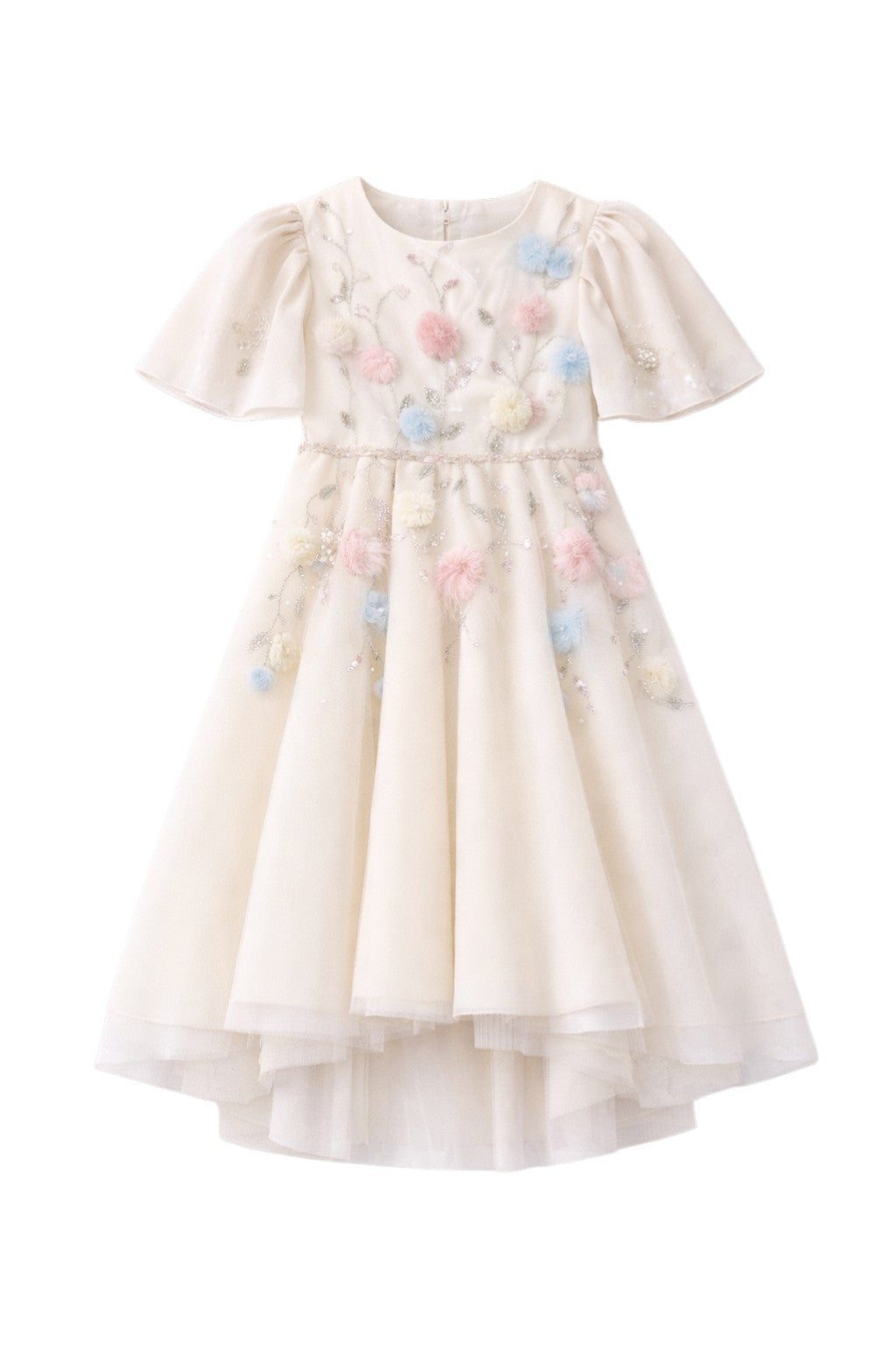 Ivory tulle dress with puff sleeves and hand-embellished 3D flower, crystals and beads embroidery