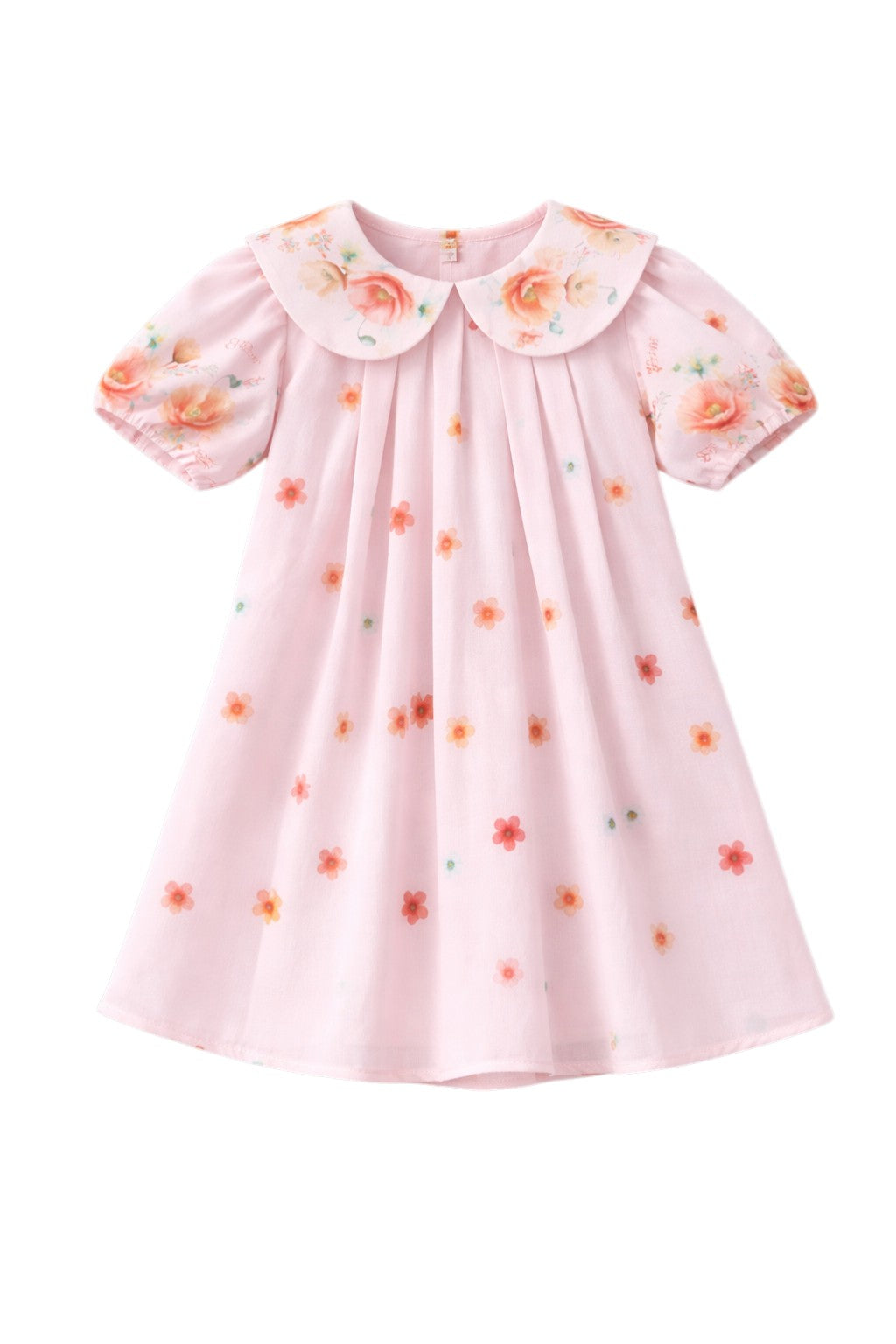 Soft pink dress with scattered floral prints, puff sleeves, and an oversized collar with flower accents