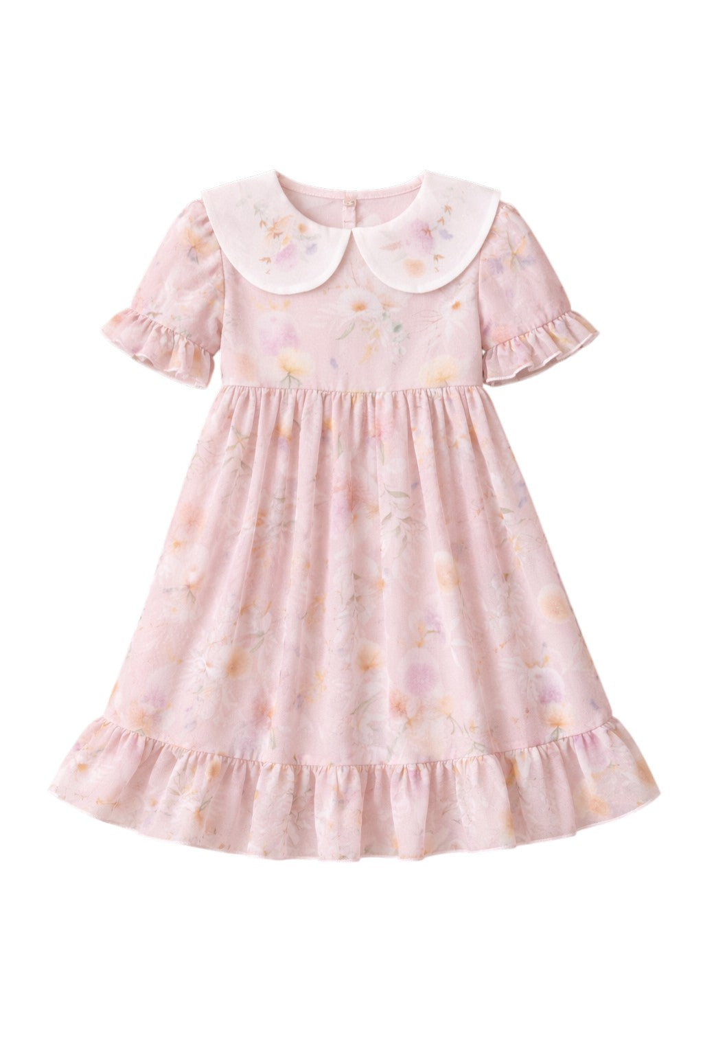 Pink floral chiffon dress with short sleeves and white collar with flowers