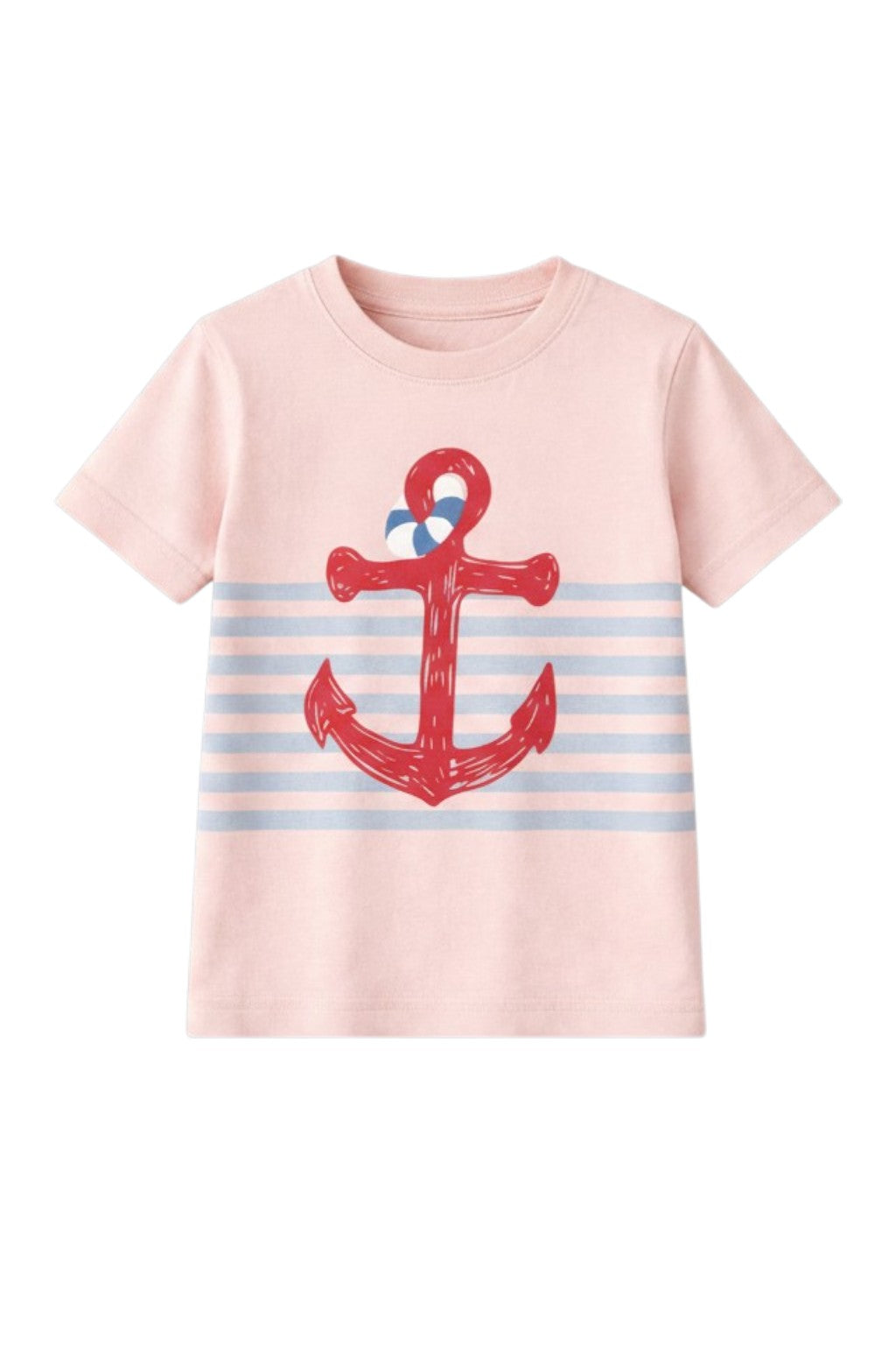 Pink t-shirt with light blue stripes and a large red anchor print