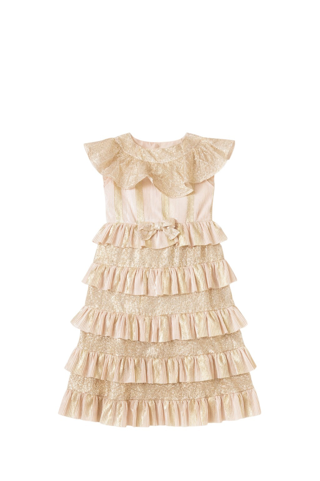 Gold and blush pleated ruffle dress with shimmer details and bow