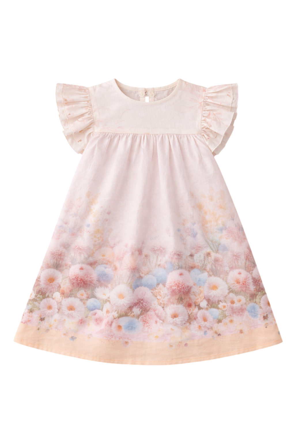A-line cotton dress with ruffled shoulders and a dreamy pastel floral print