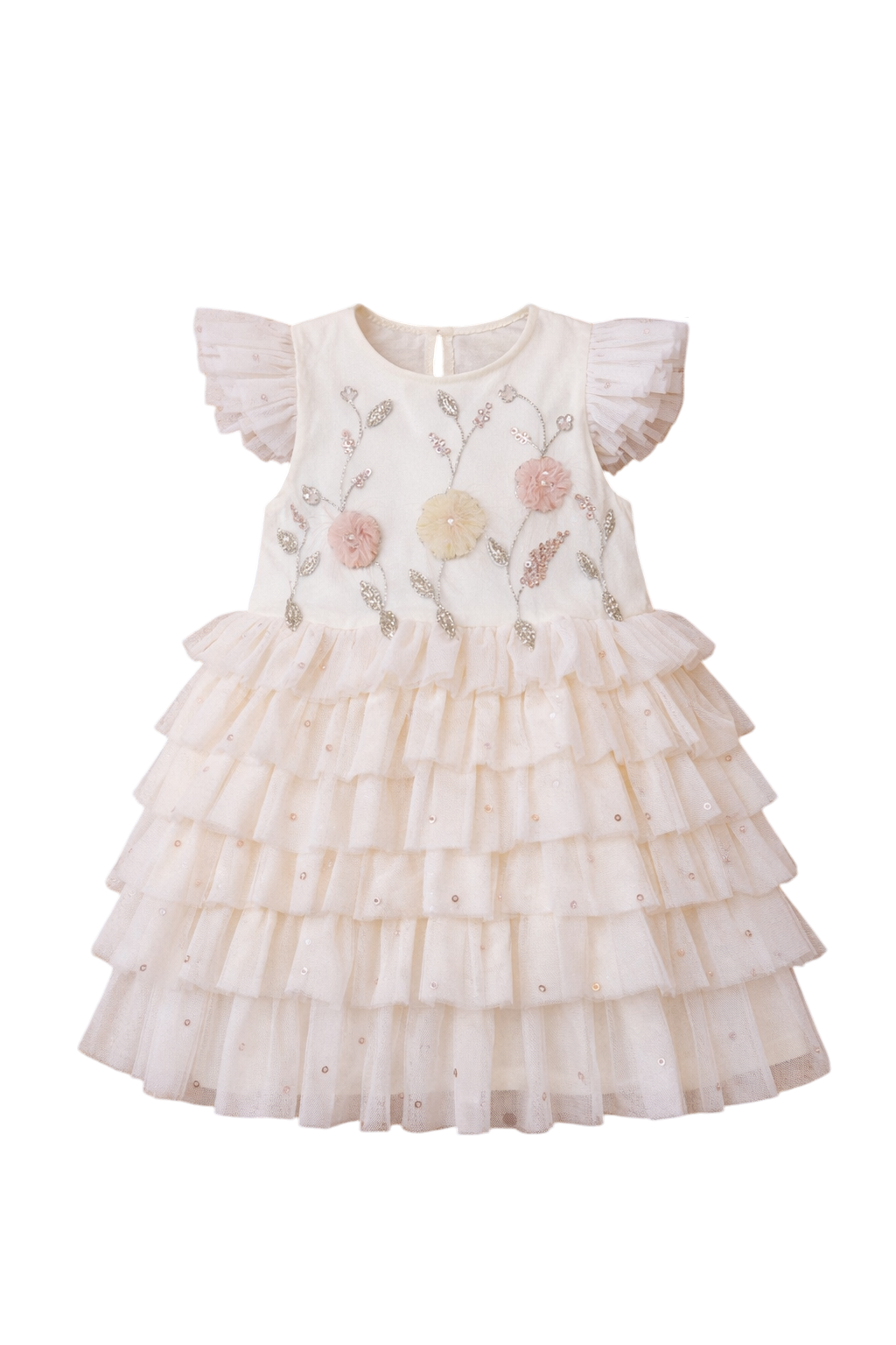 Baby ivory white tulle dress with puff sleeves and hand-embellished 3D flowers