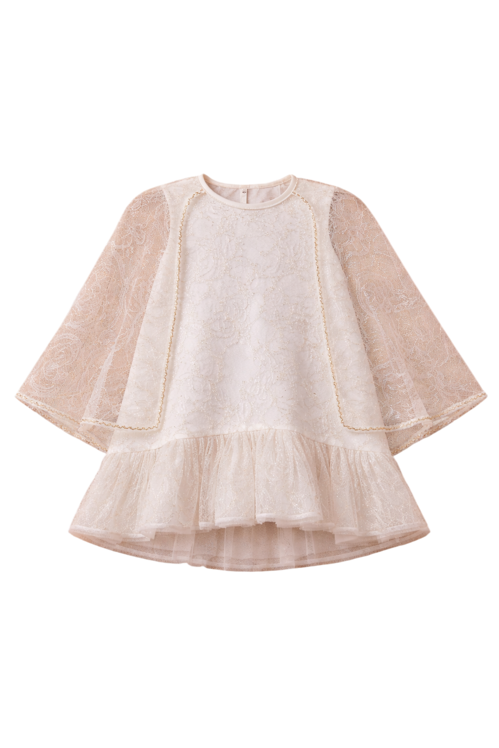 فستان من الدانتيل العاجي والذهبي بأكمام واسعة شفافة تشبه الكاب