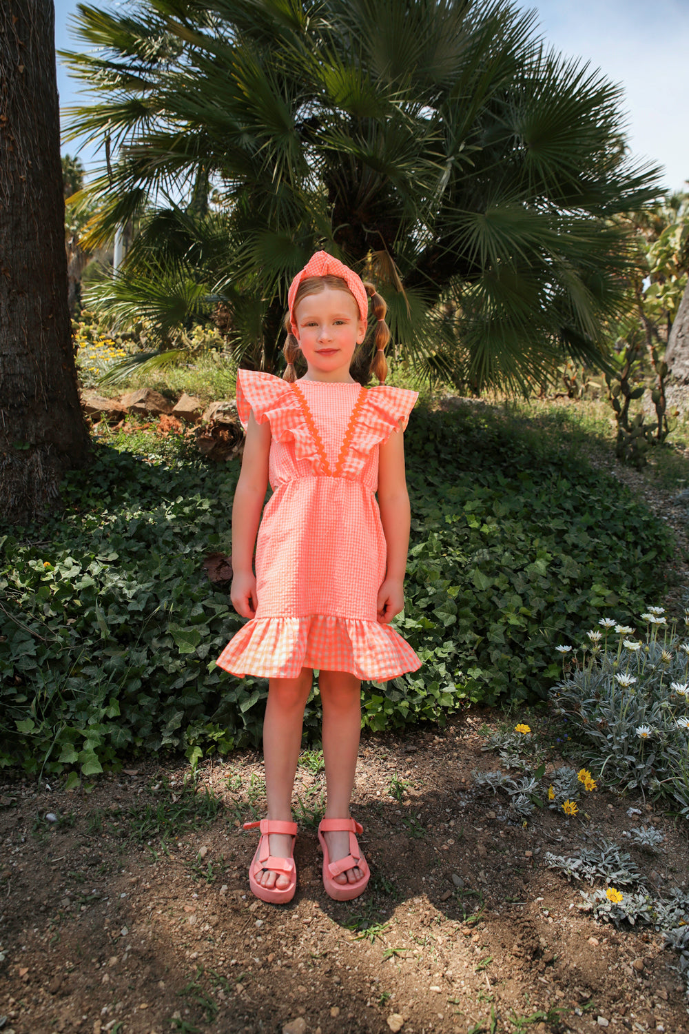Coral neon and ecru cotton dress with frills