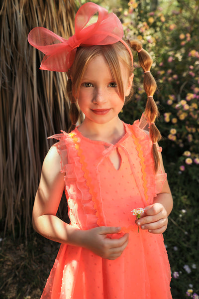 Coral neon dotted organza dress with bow