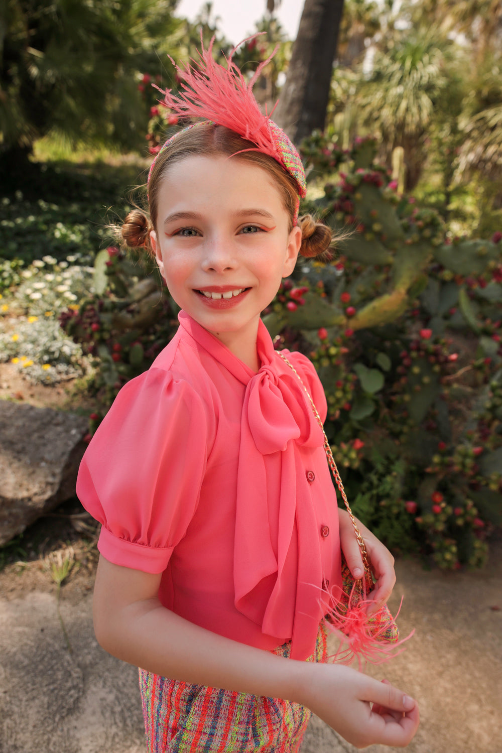 Coral pink chiffon pussy bow shirt with camisole