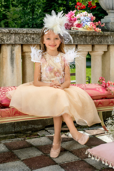 Cream jacquard organza dress with hand-embellished sequin floral lace upper part and white feathers on the sleeves