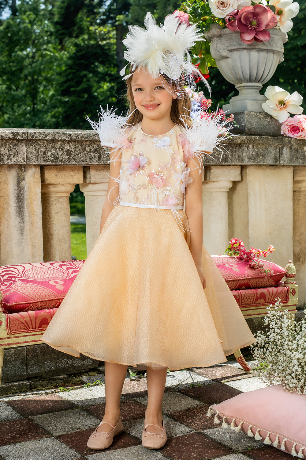 Cream jacquard organza dress with hand-embellished sequin floral lace upper part and white feathers on the sleeves