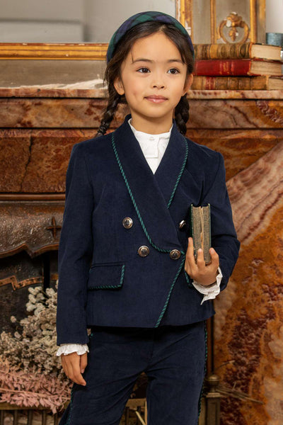 Dark blue courdory cotton blazer with green/blue pipping and buttons with coat of arms