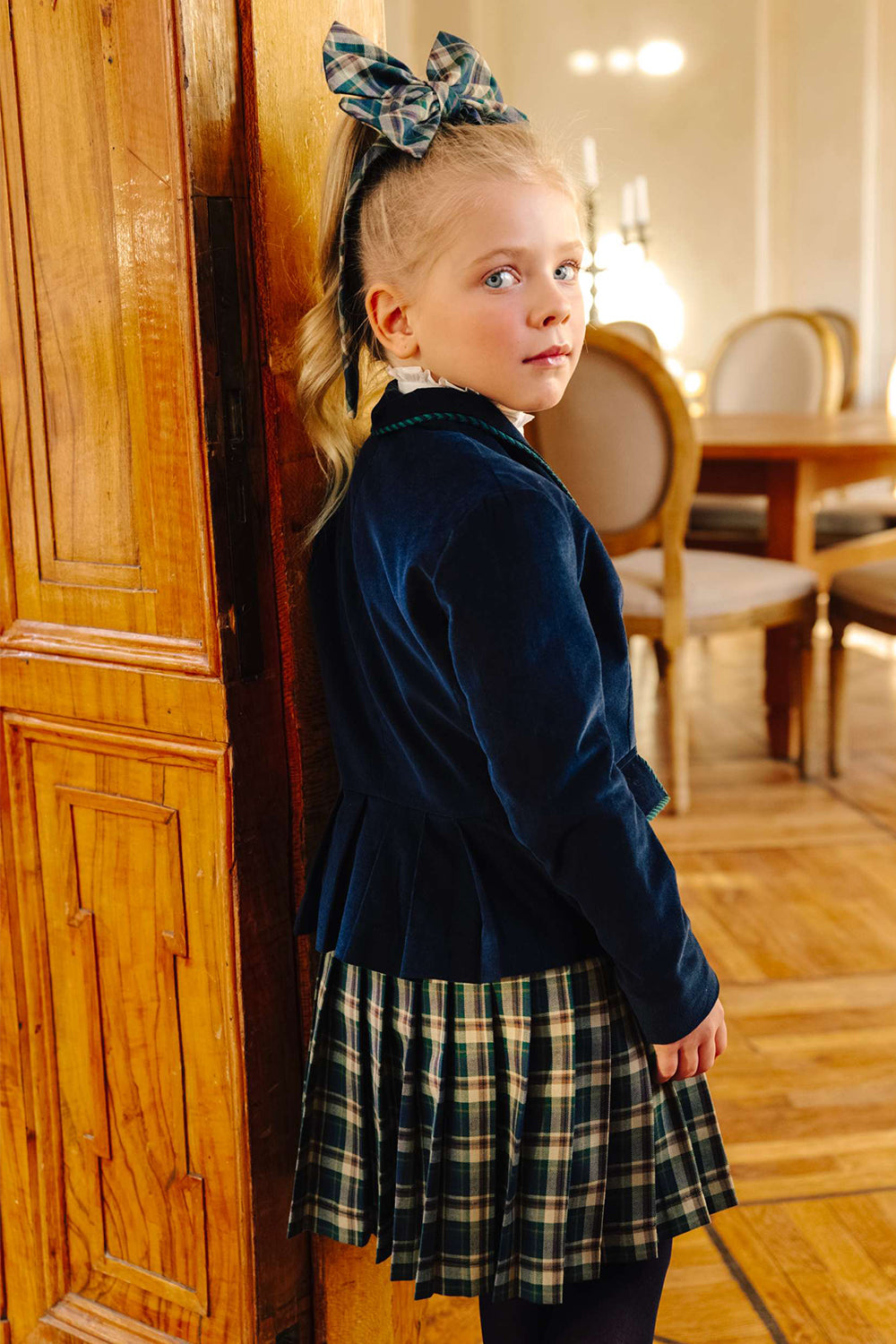 Dark blue courdory cotton blazer with green/blue pipping and buttons with coat of arms