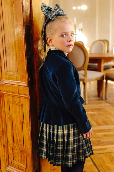 Dark blue courdory cotton blazer with green/blue pipping and buttons with coat of arms