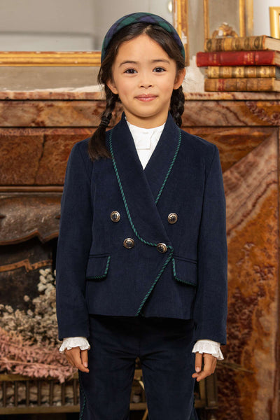 Dark blue courdory cotton blazer with green/blue pipping and buttons with coat of arms