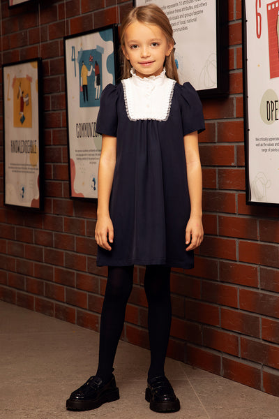 Dark blue dress with white collar, pearls and tulle decoration