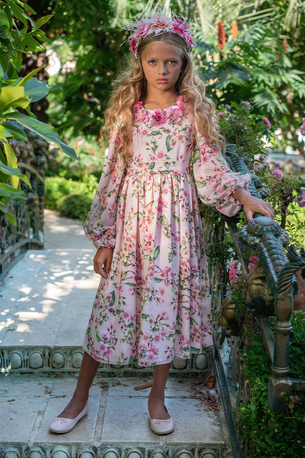 Pale pink floral chiffon dress with floral hand-made embellishments