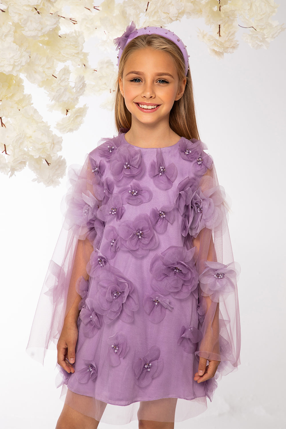 Lilac 3D flowers, pearls and crystals hand-embellished A-line dress with cape tulle sleeves