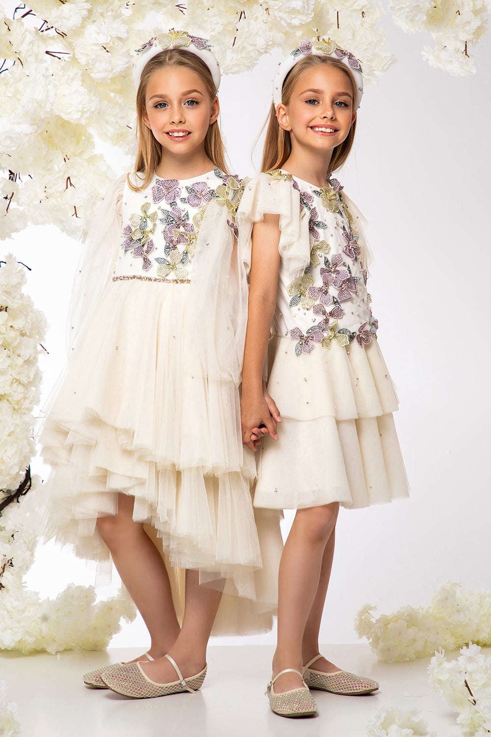 Ivory low waist tulle layered dress with hand-embellished flowers, pearls and crystals