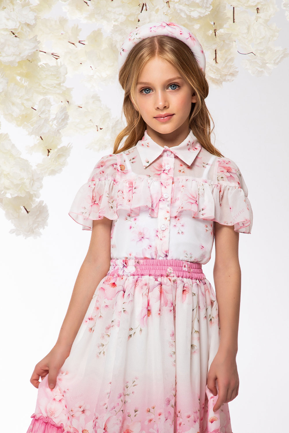 White chiffon shirt with pink flowers and white camisole