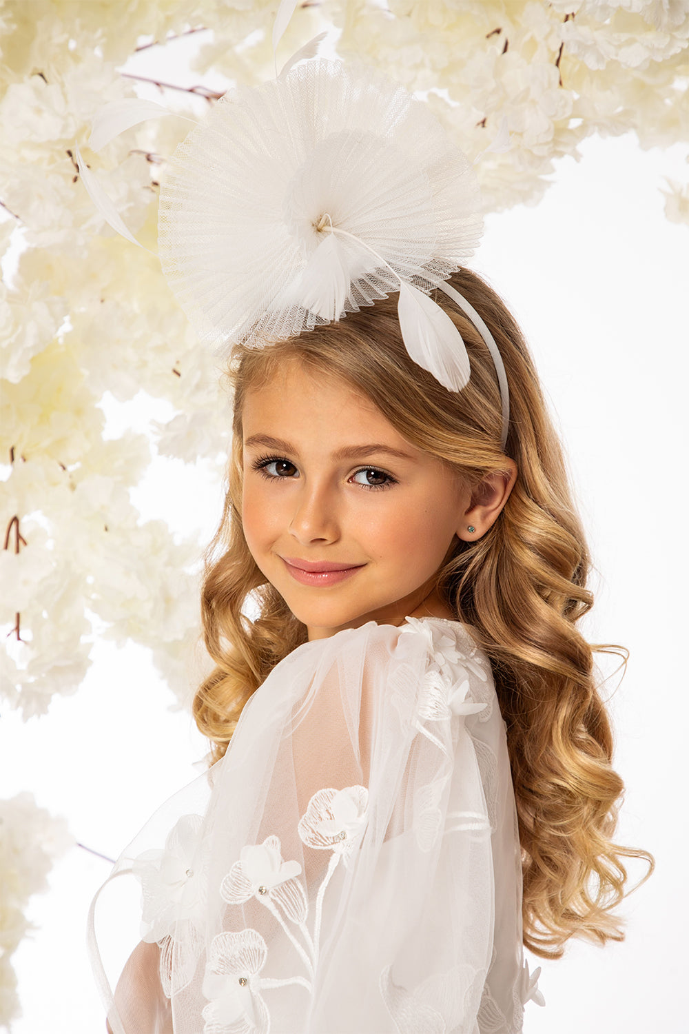 White 3D flowers lace dress with pearls and crystals hand-embellishments