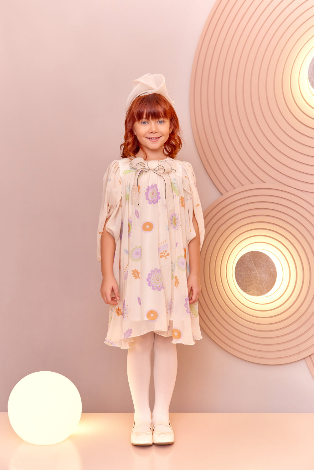 Ivory floral chiffon dress with pretty sleeves and bow