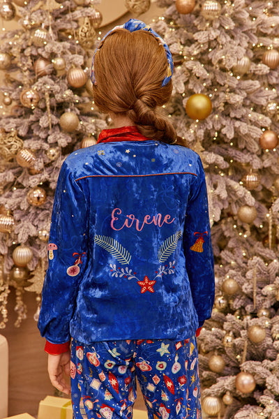 Blue velvet Christmas tracksuit with hand-embroidery