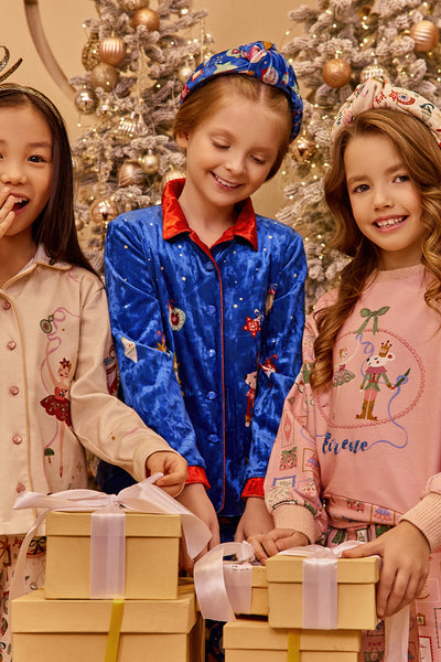 Blue velvet Christmas tracksuit with hand-embroidery